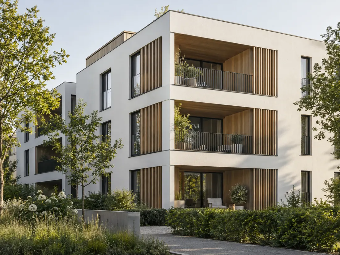 Mehrfamilienhaus mit Holzlamellen (Beispielmotiv)